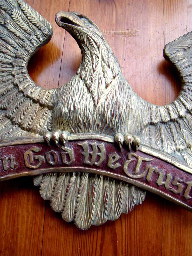 An early 20th century carved eagle plaque with the motto "In God We Trust." — image 2